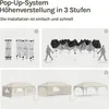 Instructional images showing the setup of a pop-up tent system in three steps. Produktbild-Vorschau