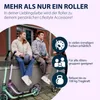 Two young people sitting on steps with scooters, with marketing text and icons. Produktbild-Vorschau