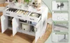 A kitchen island with drawers and cabinets, shown with close-up views of its features. Voir les images du produit