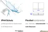 Marketing image showing a bathroom cabinet with water splashing on it, technical drawings, and feature descriptions. Produktbild-Vorschau