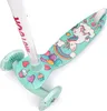 A close-up, angled view of a child's three-wheeled scooter with a unicorn and rainbow design. Podgląd zdjęcia produktu