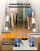 A woman and a child are using wet/dry vacuum cleaners in a hallway, with a close-up of the vacuum's wheels at the bottom. Produktbild-Vorschau