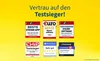 A yellow background with multiple award badges and seals of approval for tax software. Produktbild-Vorschau