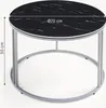 A round coffee table with a black marble-effect top and silver metal legs, shown against a white background with dimensions indicated. Produktbild-Vorschau