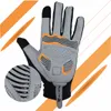 A pair of gray and black sports gloves with orange accents, shown from the palm side with a close-up inset of the grip pattern. Podgląd zdjęcia produktu