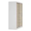 A white and wood-grain sliding door wardrobe shown from a side angle against a white background. Voir les images du produit