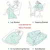 Collage of illustrations showing a blanket being used in different scenarios: as a lap blanket, a napping blanket, an air conditioning blanket, and a sofa blanket. Produktbild-Vorschau