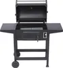 A black charcoal grill with its lid open, shown from the front on a white background. Podgląd zdjęcia produktu