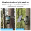 Two images of a security camera mounted on a tree, one showing battery power and the other solar power. Produktbild-Vorschau