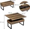 A coffee table with dimensions shown, and a close-up of its lift mechanism. Voir les images du produit