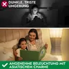 A split image showing a person using a phone in a dark room contrasted with a mother and child reading a book in a well-lit room with a decorative lamp. Produktbild-Vorschau