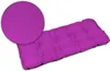 A purple tufted cushion is shown on a white background, with a close-up inset of the fabric texture.
