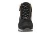 A front view of a black leather boot with gold zippers and laces. Produktbild-Vorschau