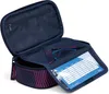 An open navy blue pencil case with pink geometric patterns, showing its interior compartments and a timetable. Anteprima dell’immagine prodotto