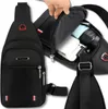 A collage of images showing a black sling backpack, with one image showing it open and containing an umbrella and a phone. Voir les images du produit