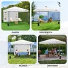 A collage of four images showing a white pop-up canopy tent used in different outdoor settings: a garden, by a pool, for a picnic, and in a backyard. Produktbild-Vorschau