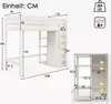 A diagram showing the dimensions of a white bunk bed with a wardrobe and shelves, along with a separate diagram of a white wardrobe with shelves. Produktbild-Vorschau