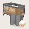 A travel crib with illustrative overlays highlighting airflow and a layered mattress. Produktbild-Vorschau