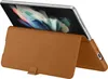 A brown leather case is holding a tablet device in a folded position. Produktbild-Vorschau