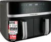 A black Russell Hobbs dual-chamber air fryer is shown against a white background. A promotional sticker is visible on the left side of the product. Produktbild-Vorschau