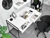 A modern home office setup with a white desk, black chair, and decorative items. Voir les images du produit