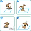 A four-panel comic strip illustrating how to potty train a dog using pee pads. Produktbild-Vorschau