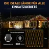 A house decorated with warm white fairy lights at night, with a diagram showing the dimensions and features of a battery-powered light net. Produktbild-Vorschau