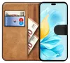 A book-style phone case with cards and cash inserted, displaying a phone screen. Produktbild-Vorschau