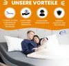 A couple sleeping in bed, with marketing icons and text above them. Produktbild-Vorschau