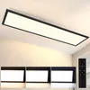 A rectangular LED ceiling light fixture with a black frame, mounted on a white ceiling. Below the main image are three smaller images showing different color temperatures or settings of the light, and a remote control. Podgląd zdjęcia produktu