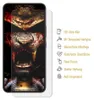 A screen protector is shown on a phone with a graphic wallpaper. Feature icons and text are displayed to the right. Produktbild-Vorschau