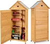 A wooden garden shed with its door open, revealing shelves stocked with tools and equipment. Another view of the closed shed is shown to the right. Podgląd zdjęcia produktu
