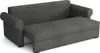 A gray sofa bed is shown in an open position, revealing the mattress extension. Náhled obrázku produktu