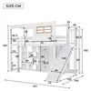 A diagram showing the dimensions of a white bunk bed with a slide and storage. Produktbild-Vorschau