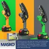 Three mini chainsaws in different colors (orange, gray, green) are displayed on colorful pedestals against a split background of green, orange, and gray. A box with product information is in the foreground. Produktbild-Vorschau