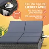 A marketing image for a double sun lounger, highlighting its features with text overlays and icons. Produktbild-Vorschau
