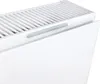 A close-up view of the top edge of a white radiator panel, showing the grille and a metal clip. Produktbild-Vorschau