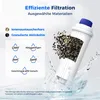 A cutaway view of a water filter cartridge showing its internal components, surrounded by water splashes and informational graphics. Produktbild-Vorschau