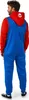 A man wearing a blue and red onesie with a hood, seen from the back. Produktbild-Vorschau
