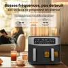 An air fryer is shown on a table with drinks, in front of a blurred background of a living room with a person relaxing. Text overlays highlight the product's quiet operation. Produktbild-Vorschau