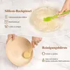 A collage showing a silicone pastry brush being used on dough and a cleaning brush being used on a banneton. Produktbild-Vorschau