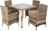 A polyrattan dining set with a glass-topped table and four chairs, presented on a white background. Produktbild-Vorschau