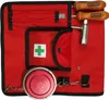 A red tool belt with various tools and a first aid kit laid out flat on a white background. Produktbild-Vorschau