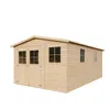A wooden garden shed with windows and double doors, presented on a white background. Voir les images du produit