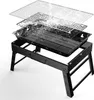 An exploded view of a black foldable charcoal grill, showing its different components. Náhled obrázku produktu