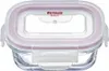 A clear, front-facing studio shot of a glass food storage container with a pink and white lid. Náhled obrázku produktu