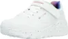 A white Skechers Uno Lite sneaker with rainbow speckles on the sole and rainbow accents on the heel and logo. Produktbild-Vorschau