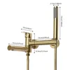 A diagram showing the dimensions of a gold-colored faucet with a hand shower attachment. Podgląd zdjęcia produktu