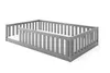 A grey wooden bed frame with a white mattress, shown from a side angle against a white background. Produktbild-Vorschau