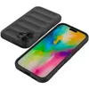 A black iPhone case is shown with the phone inside, displaying a colorful abstract wallpaper. Produktbild-Vorschau
